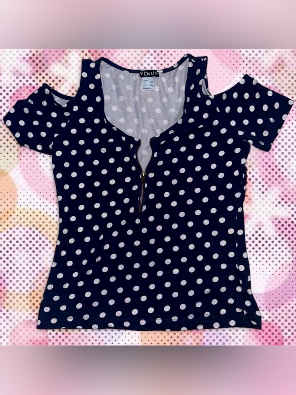 VENUS Navy and White Polka Dot Cold-Shoulder Zip Front Top